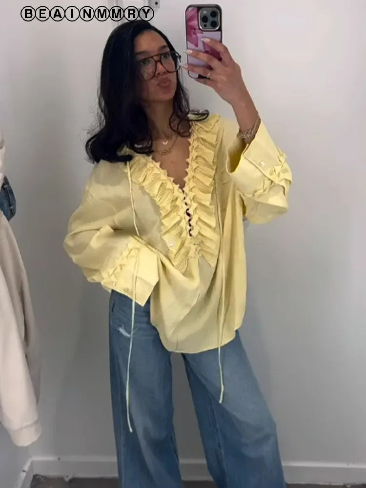 Dareva - Ruffle chiffon blouse met lange mouwen
