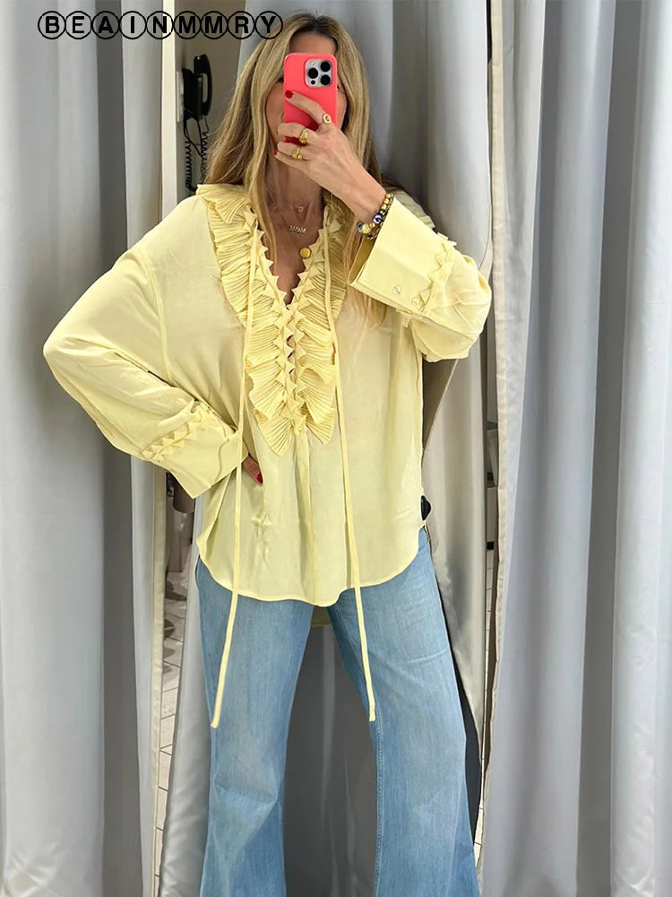 Dareva - Ruffle chiffon blouse met lange mouwen