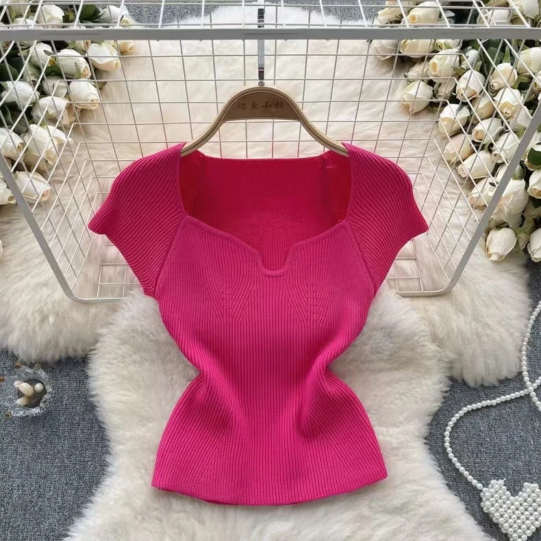 Lumira - Gebreide trekkoord cropped top met V-hals