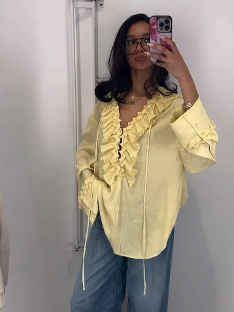 Dareva - Ruffle chiffon blouse met lange mouwen