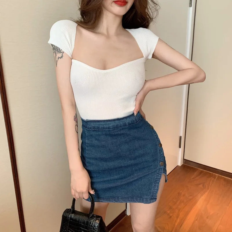 Lumira - Gebreide trekkoord cropped top met V-hals