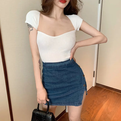 Lumira - Gebreide trekkoord cropped top met V-hals