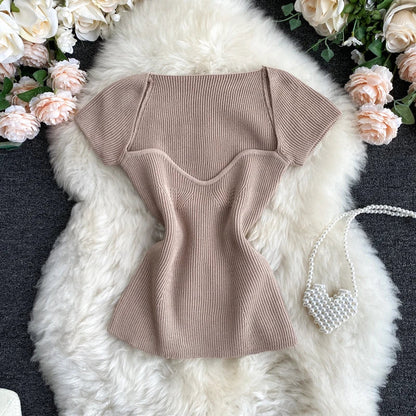Lumira - Gebreide trekkoord cropped top met V-hals